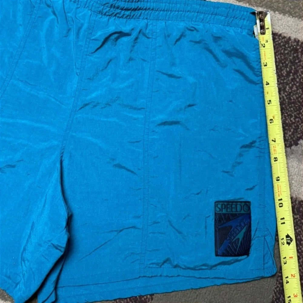 Vintage Speedo Mens‎ Teal Blue Crinkle Nylon Swim Trunks Mesh Lined Shorts Sz L